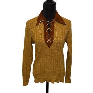 Towncraft Brown Lace-Up V-Neck Sweater Vintage. Cozy fun unique